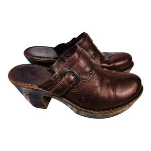Born BOC Y2K Mules SZ 10 Leather Chunky Heel Clog Shoes Buckle Brown Dark Fall
